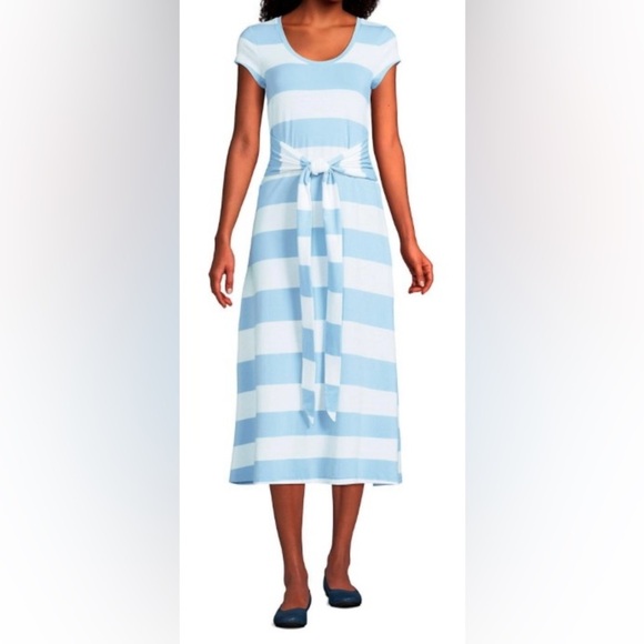 Lands’ End Blue Haze Rugby Striped Dress, Sz L/P 14-16, Convertible Tie Waist - Picture 1 of 8